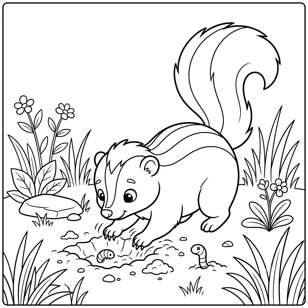 Baby skunk coloring page with a young skunk digging for worms among grass and flowers