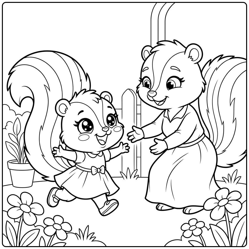 Dressed baby skunk runs toward its smiling mother with open arms in a flower garden