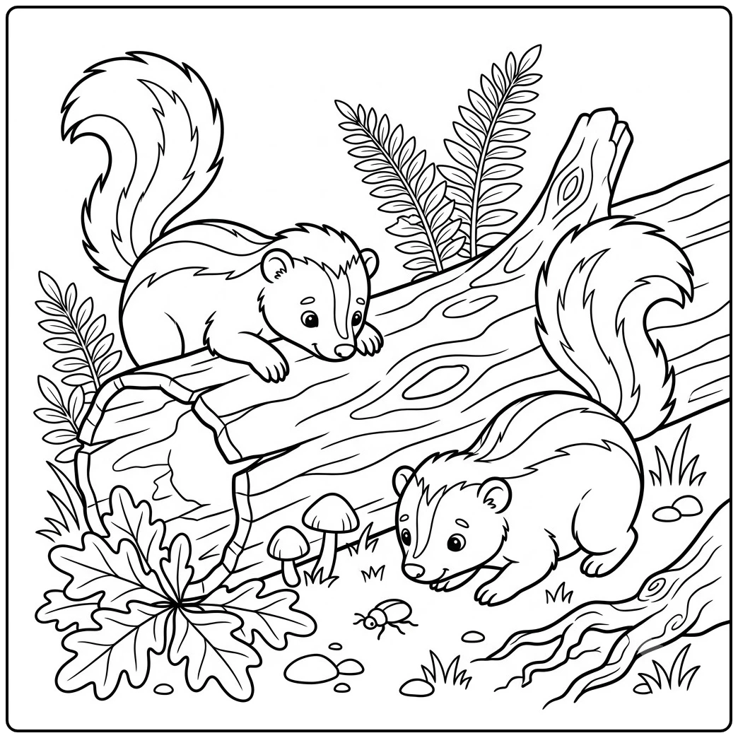 Two baby skunks explore a fallen log while a beetle crawls near mushrooms