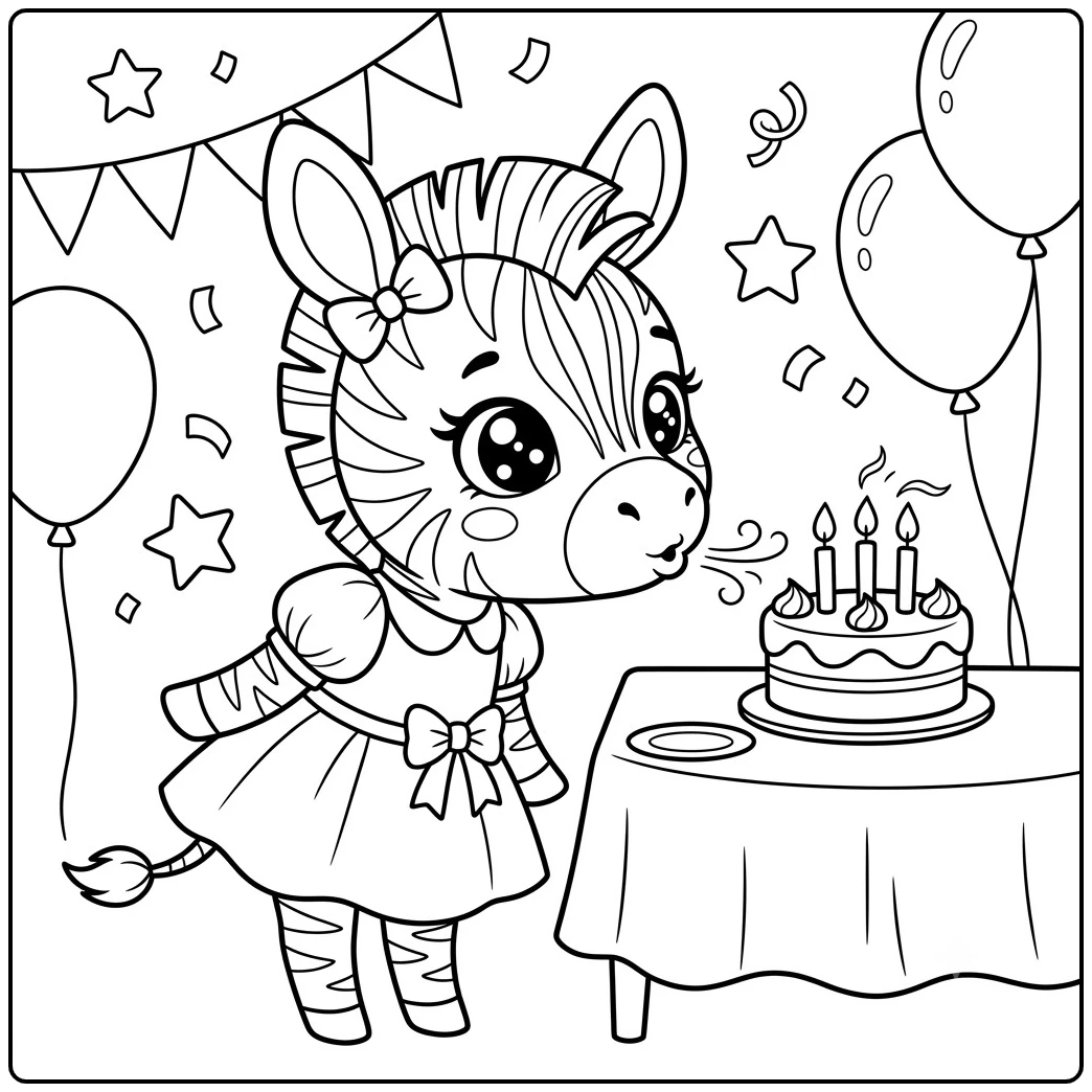 Dressed baby zebra blows out candles on a birthday cake surrounded by balloons