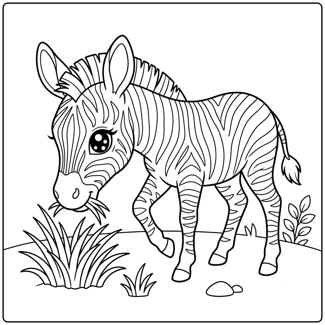 Sweet baby zebra grazes on tall grass in a zebra coloring page with sparkling eyes