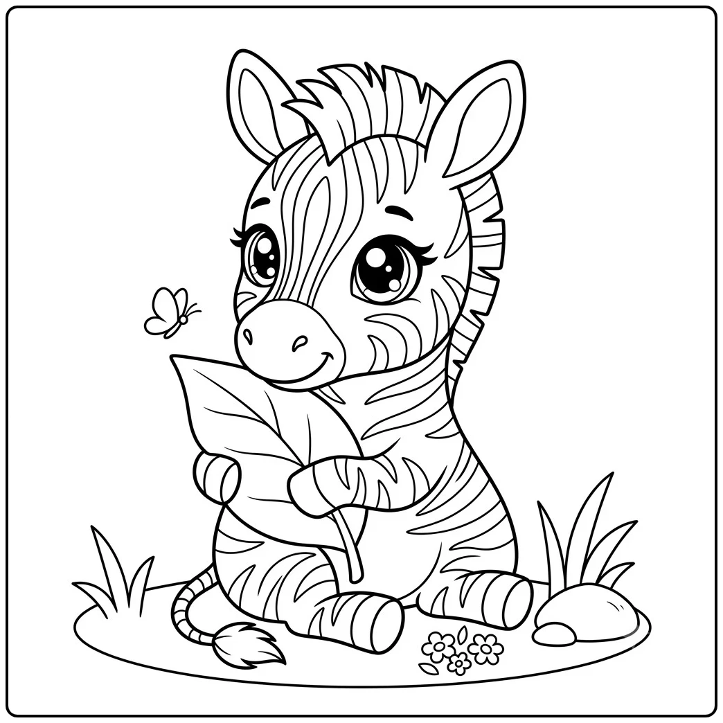 Baby zebra sits holding a large leaf while a butterfly hovers beside its sparkling eyes