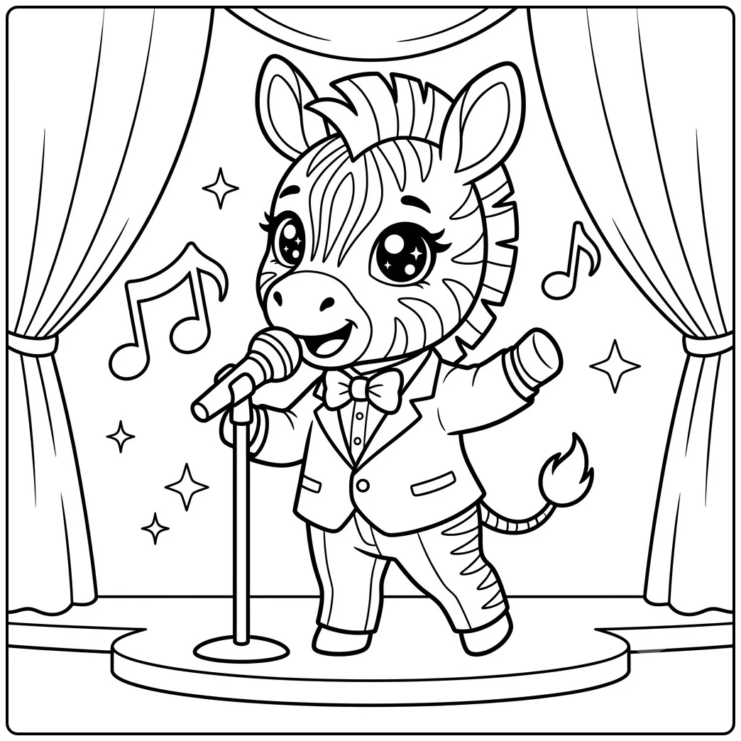 A cute baby zebra coloring page features a dressed zebra singing into a stage microphone