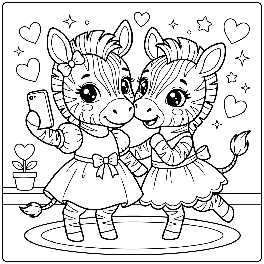 Two baby zebras in pretty dresses pose for a selfie surrounded by hearts and stars
