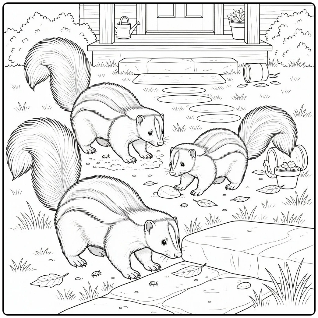 Three skunks forage near a porch and stepping stones in a skunk coloring page