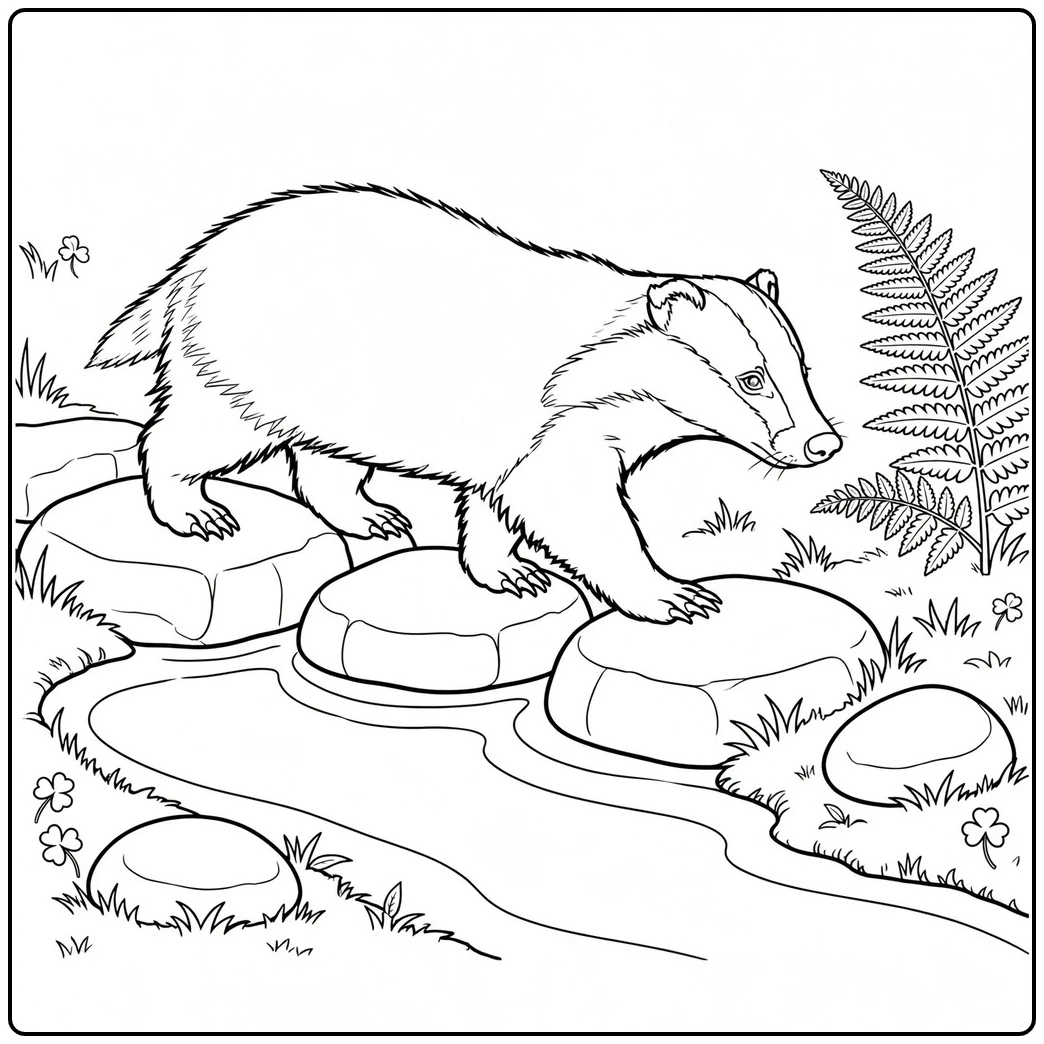 A badger crosses stepping stones over a stream in this badger coloring page.