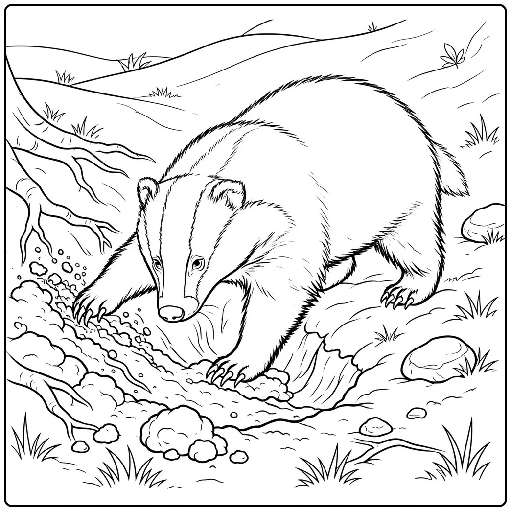 A badger digs into a woodland bank with long front claws and loose soil around its paws.