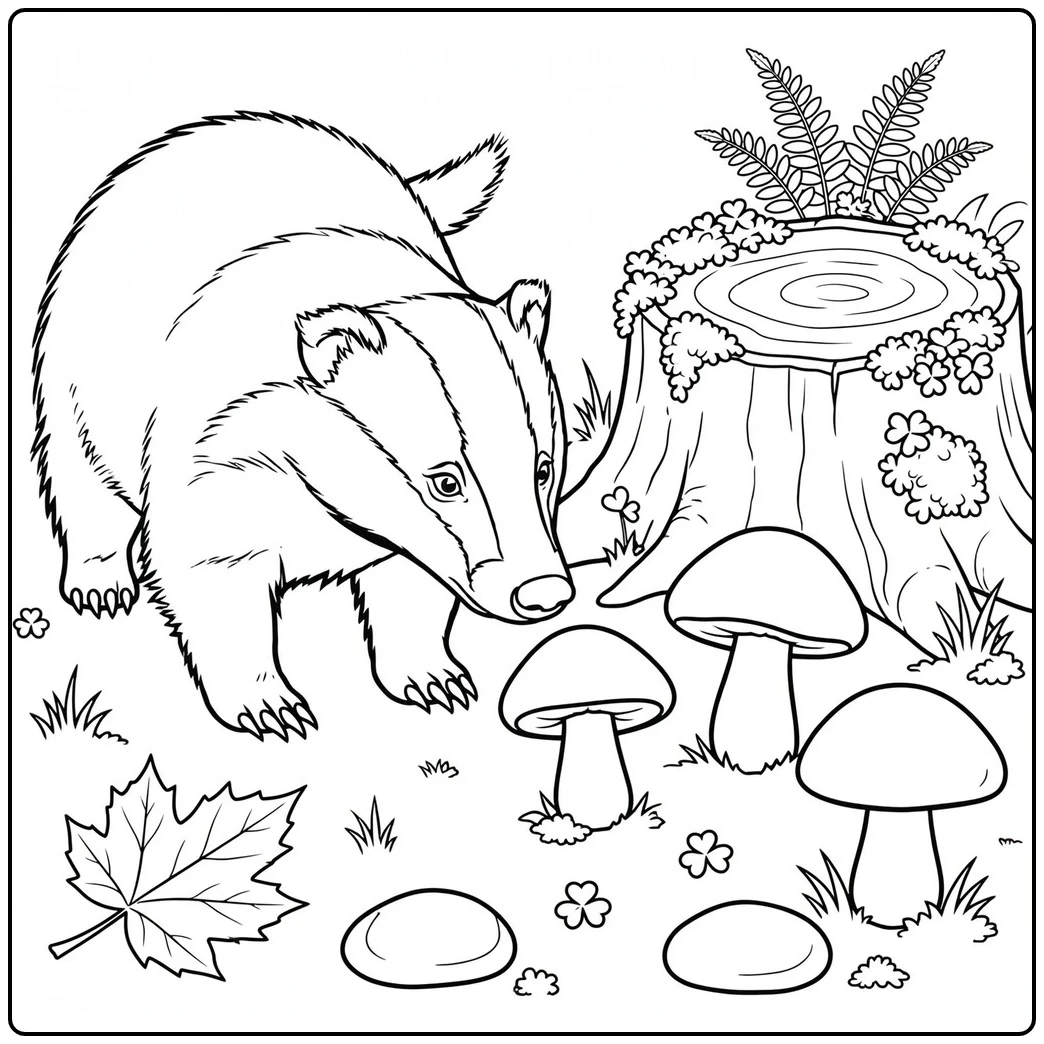 A badger sniffs three mushrooms growing near a stump, with ferns behind it.