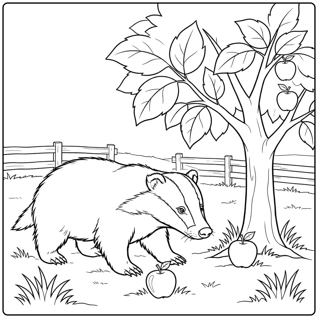 A woodland badger approaches fallen apples beneath a fruit tree and fence.