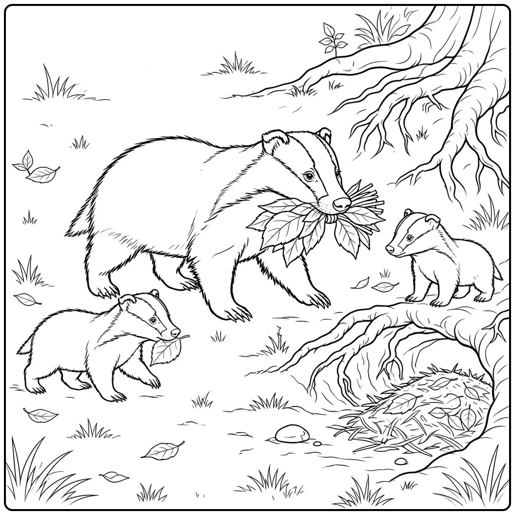 A mother badger carries leaves while two cubs wait near the entrance of their den.