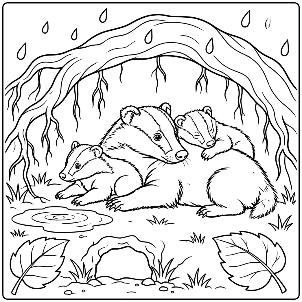 Two cubs cuddle beside their mother beneath tree roots as raindrops fall nearby.