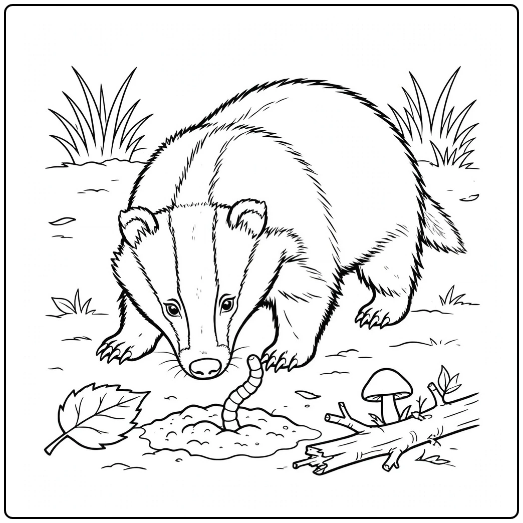 A foraging badger lowers its nose toward an earthworm rising from a small soil mound.