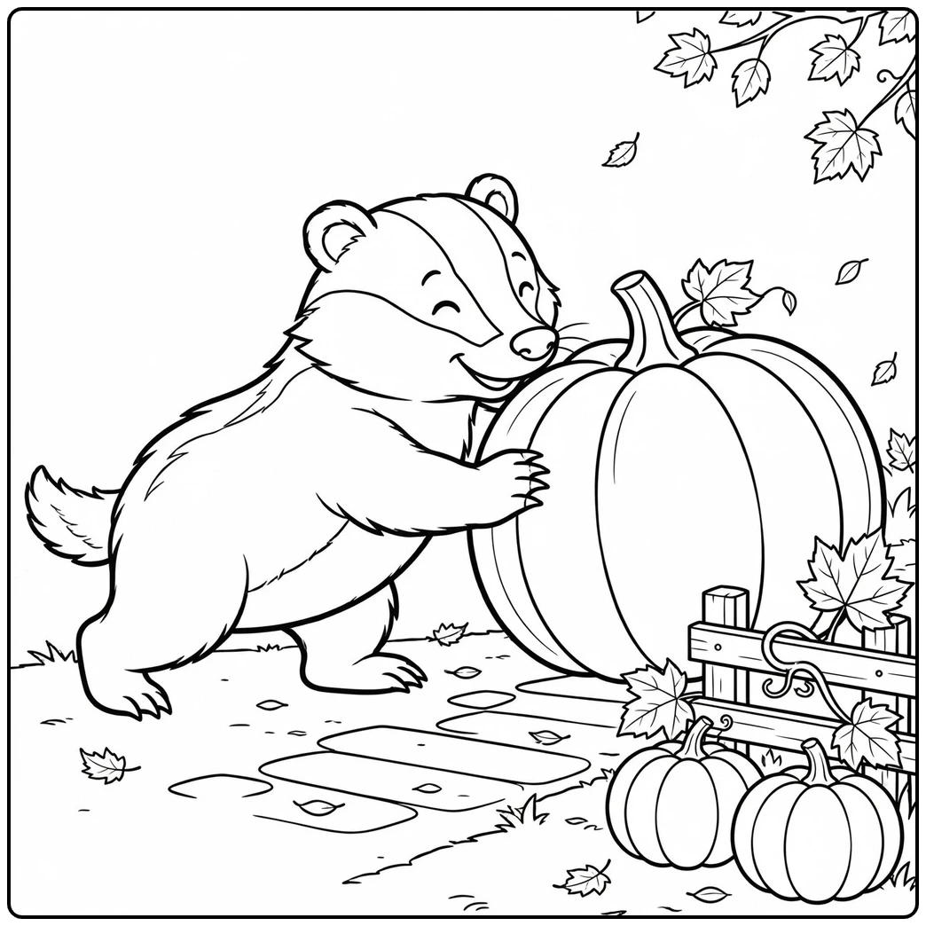 An autumn garden badger coloring page features a cub pushing a large pumpkin.