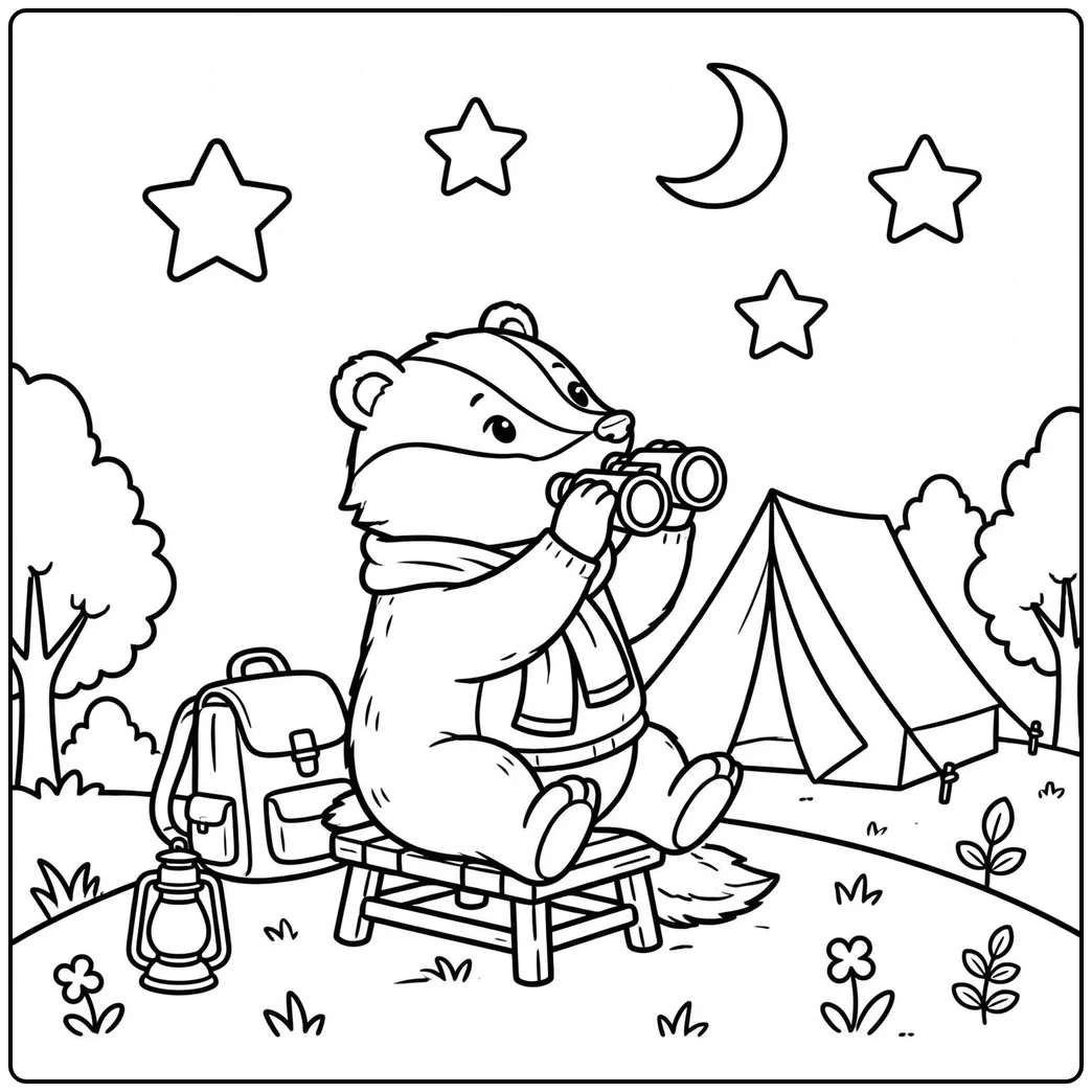 A scarf-wearing badger watches the night sky through binoculars beside a tent.