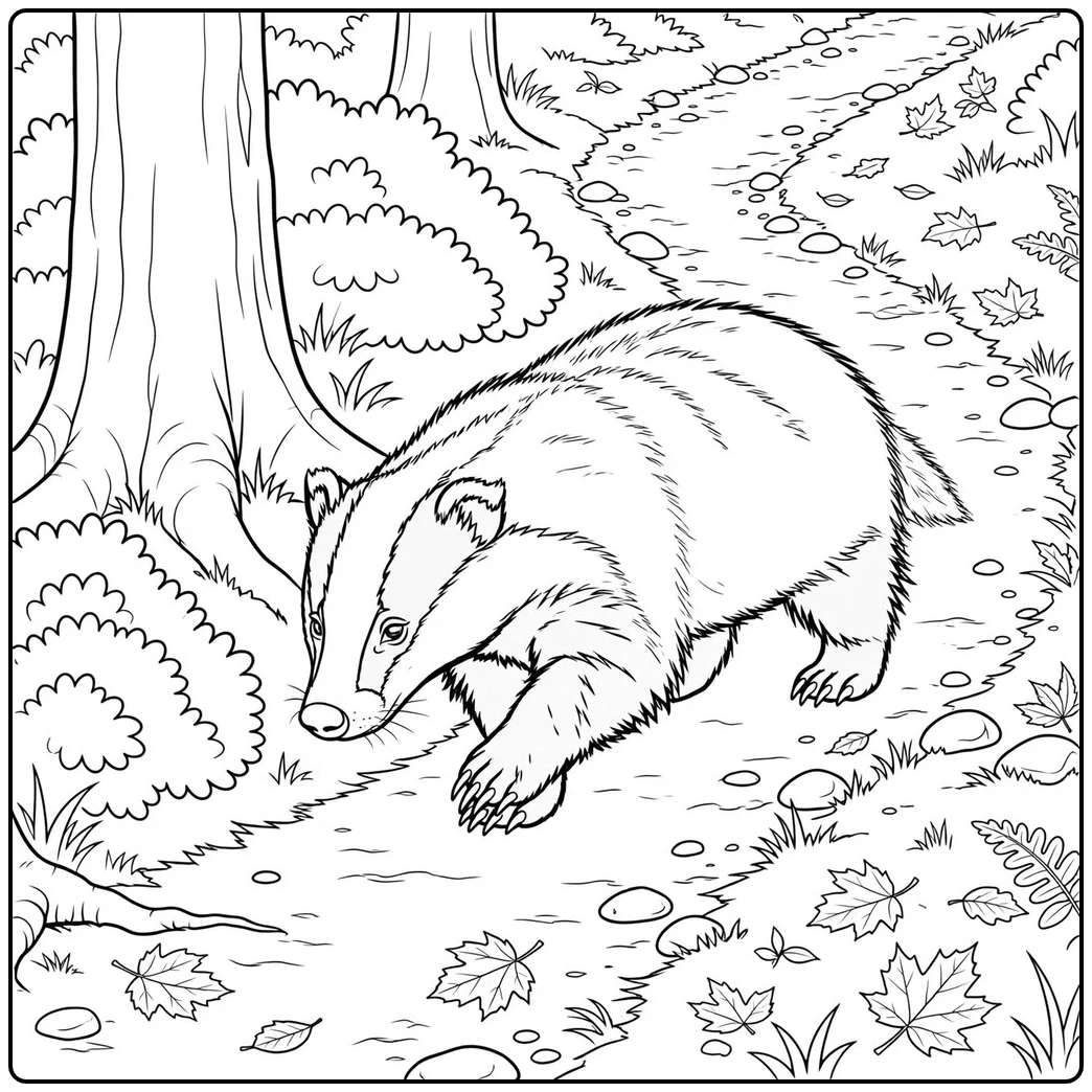 Badger coloring page with a forest trail, scattered leaves, and a walking badger.