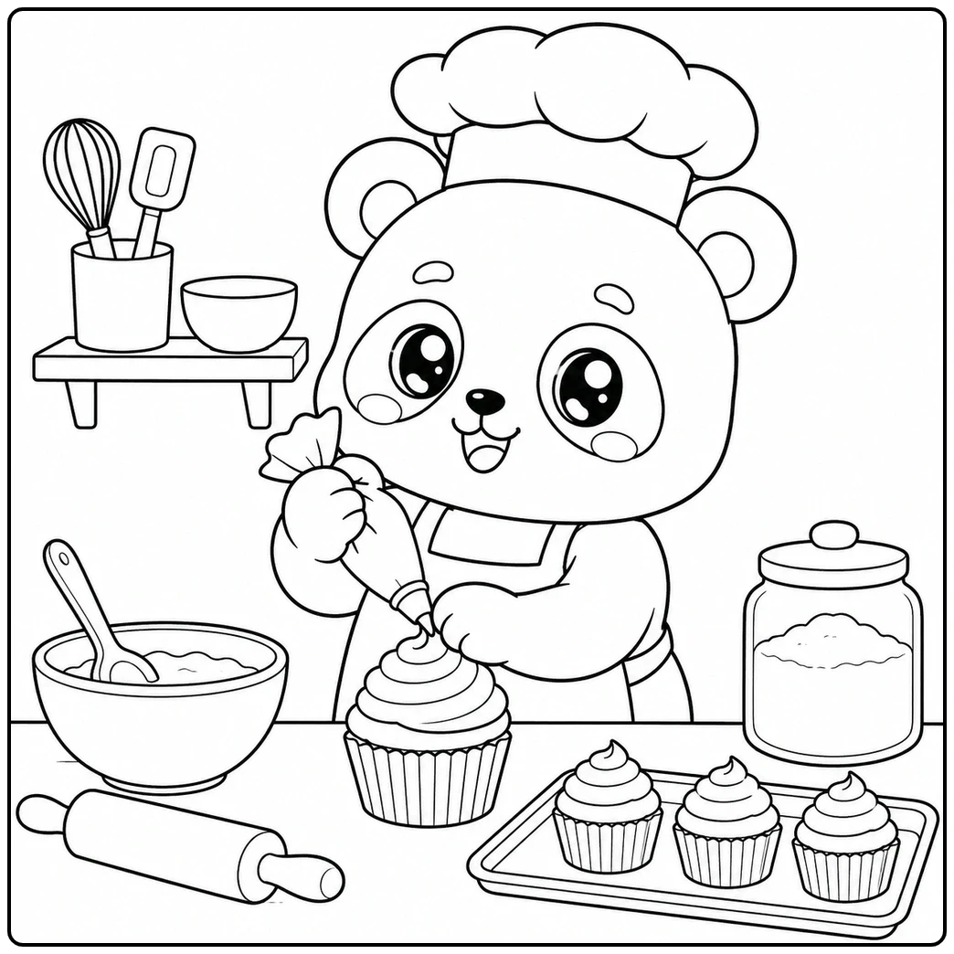 Panda chef in a tall hat piping swirl frosting onto a fresh cupcake at the kitchen counter.