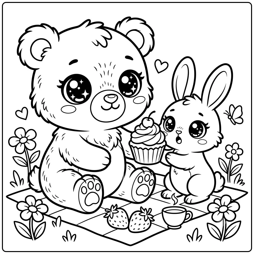 Bear shares a cupcake with a bunny during a flower-filled picnic with strawberries and tea.