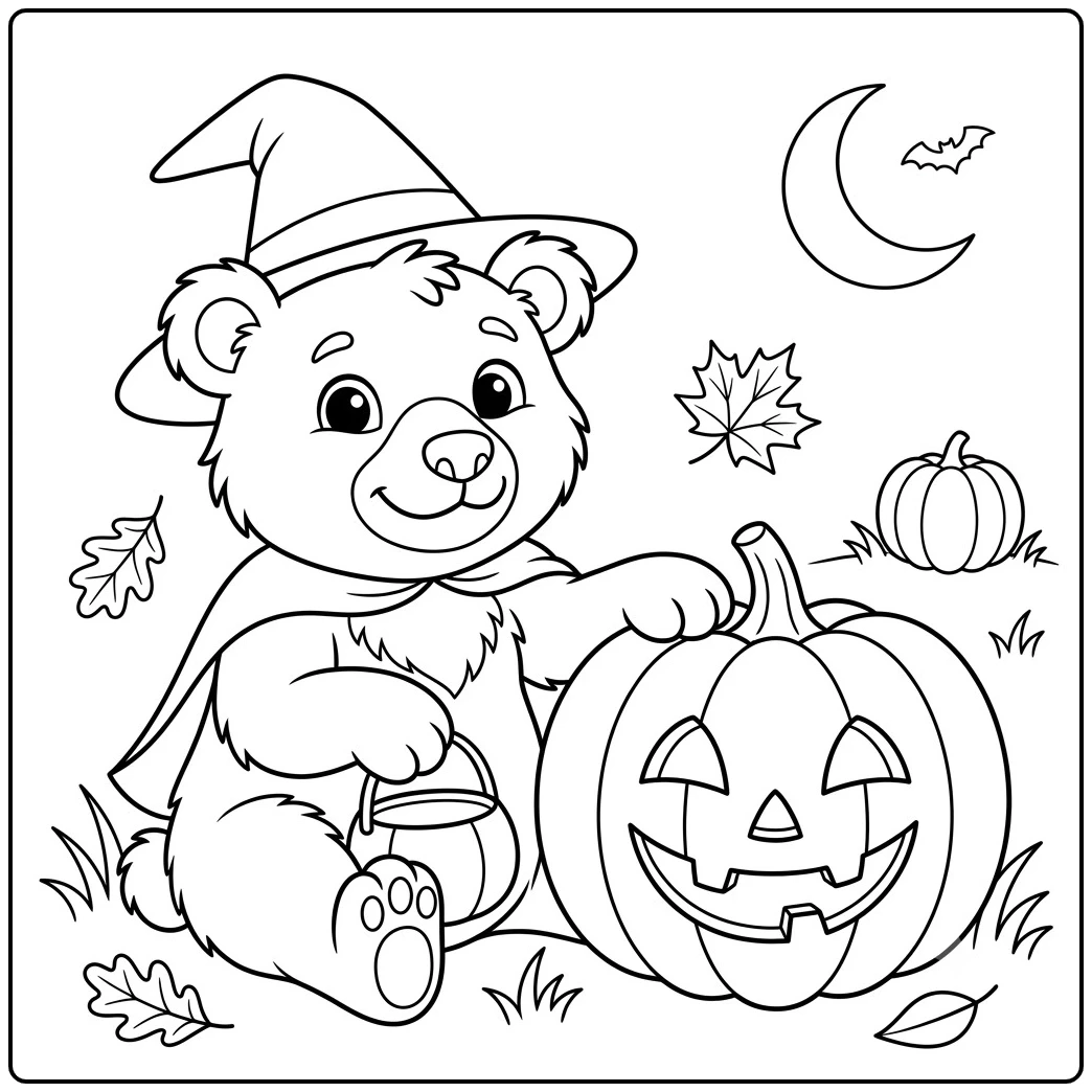 Cozy bear in a witch hat reaching toward a carved pumpkin among autumn leaves