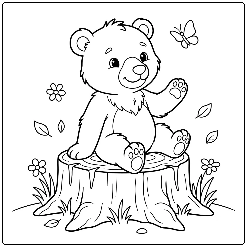 Young bear cub waves from a tree stump as a butterfly flies above scattered flowers.
