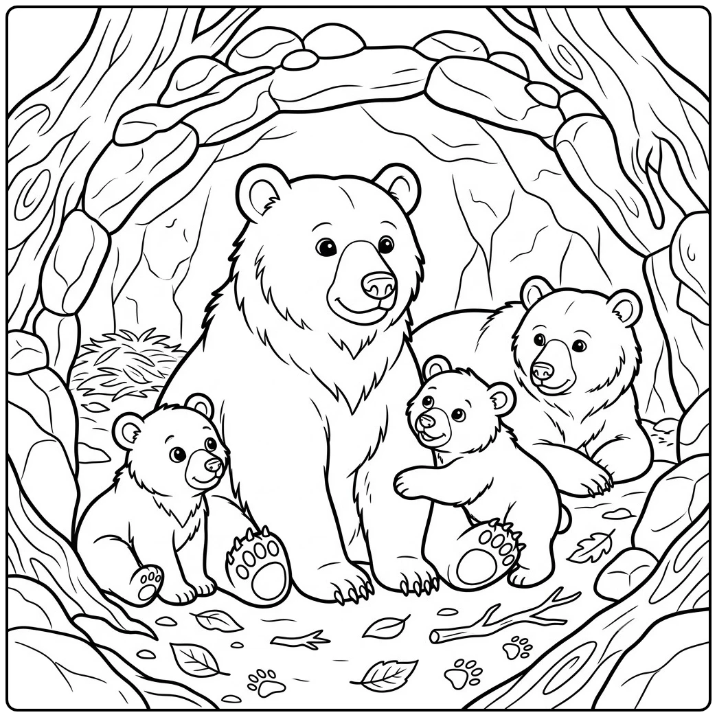 Four bears gather inside a rocky cave in this bear family and baby bear coloring page.