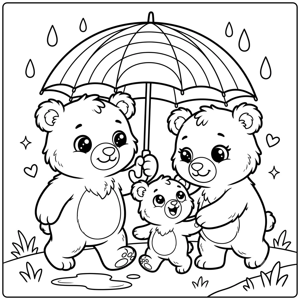 Three bears huddle under a rainbow umbrella as raindrops fall around the smiling family.