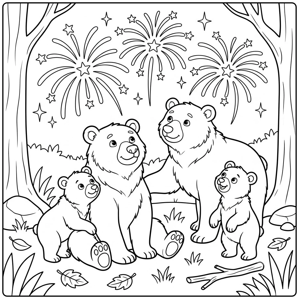 Bear family watches three fireworks burst above a woodland clearing on New Year's Eve.