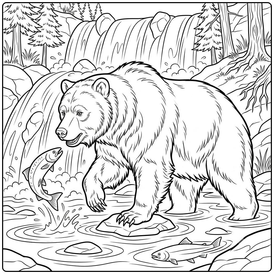 Large bear catches a leaping fish beside a waterfall in a realistic bear coloring page.