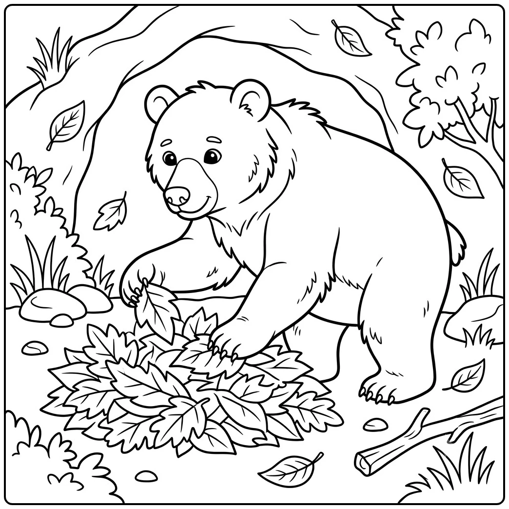 Bear gathers a pile of fallen leaves on the forest floor beneath drifting foliage.
