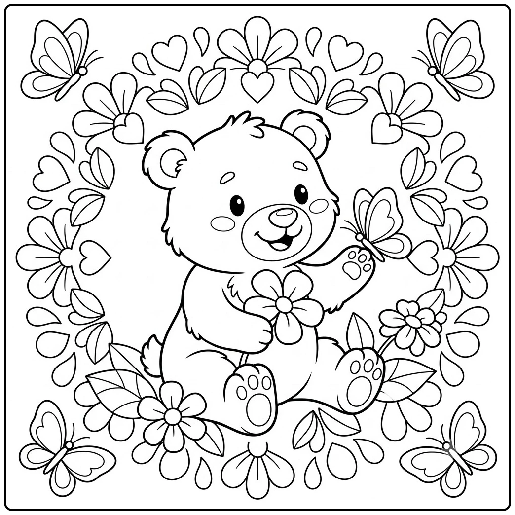 Smiling bear holds a flower among butterflies and hearts in this bear coloring page.