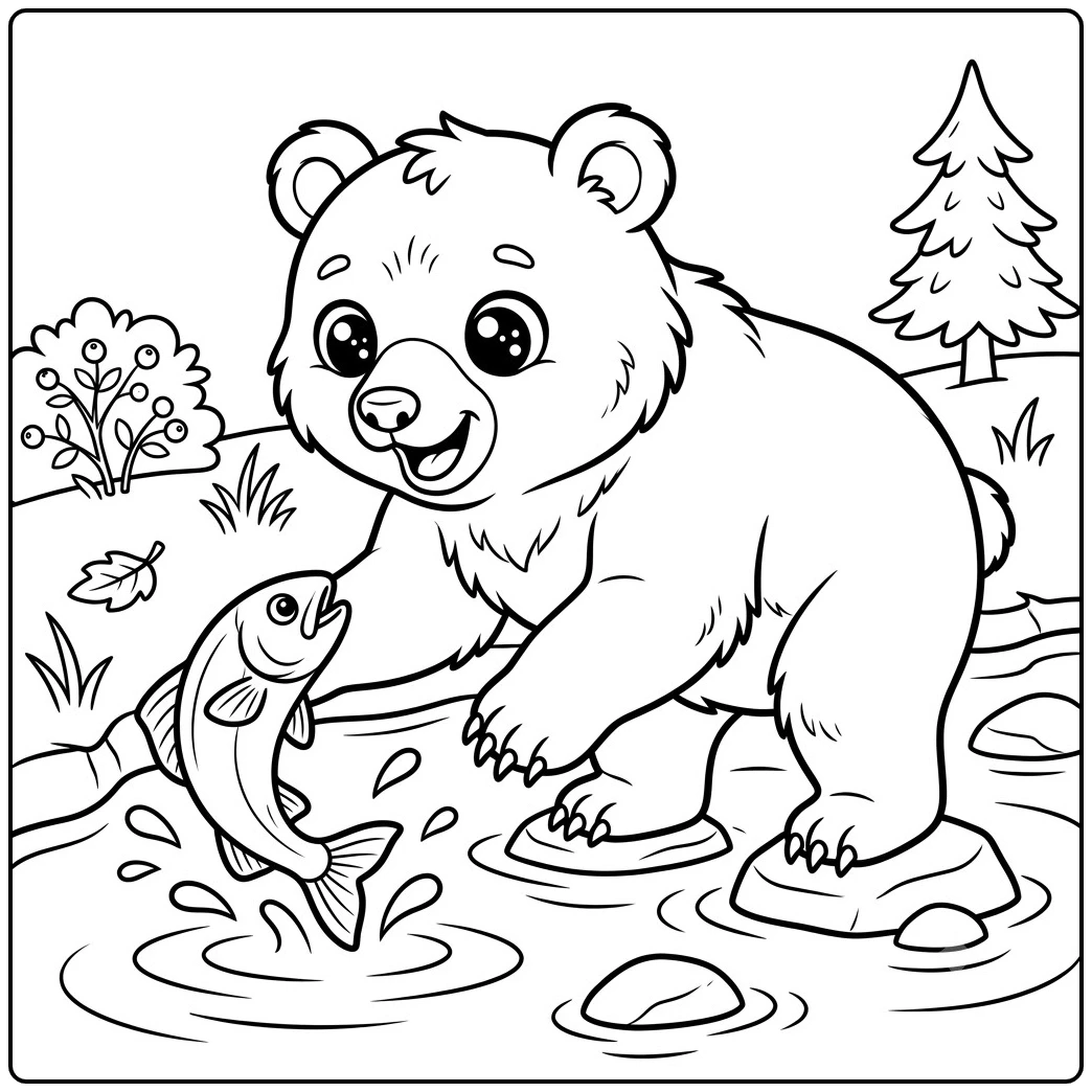 Excited bear stands on creek rocks as a large fish leaps from the splashing water.
