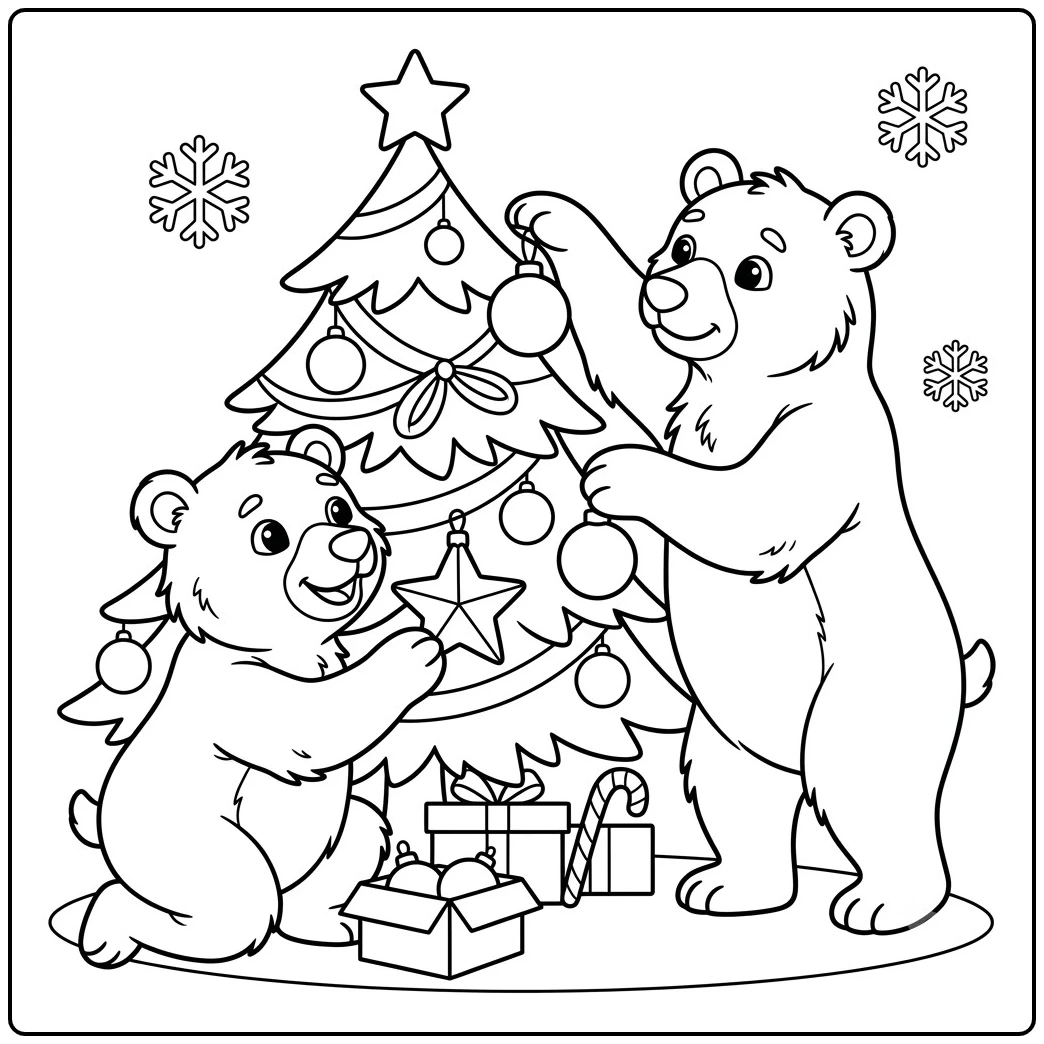 holiday bear coloring page featuring two bears decorating a Christmas tree with ornaments