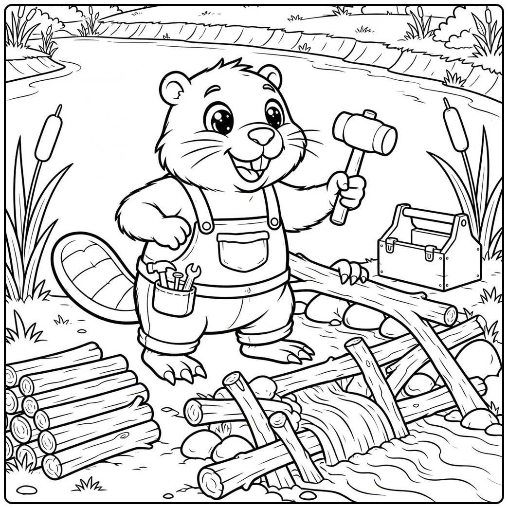 A beaver carpenter in overalls holds a mallet beside a creekside dam and toolbox.