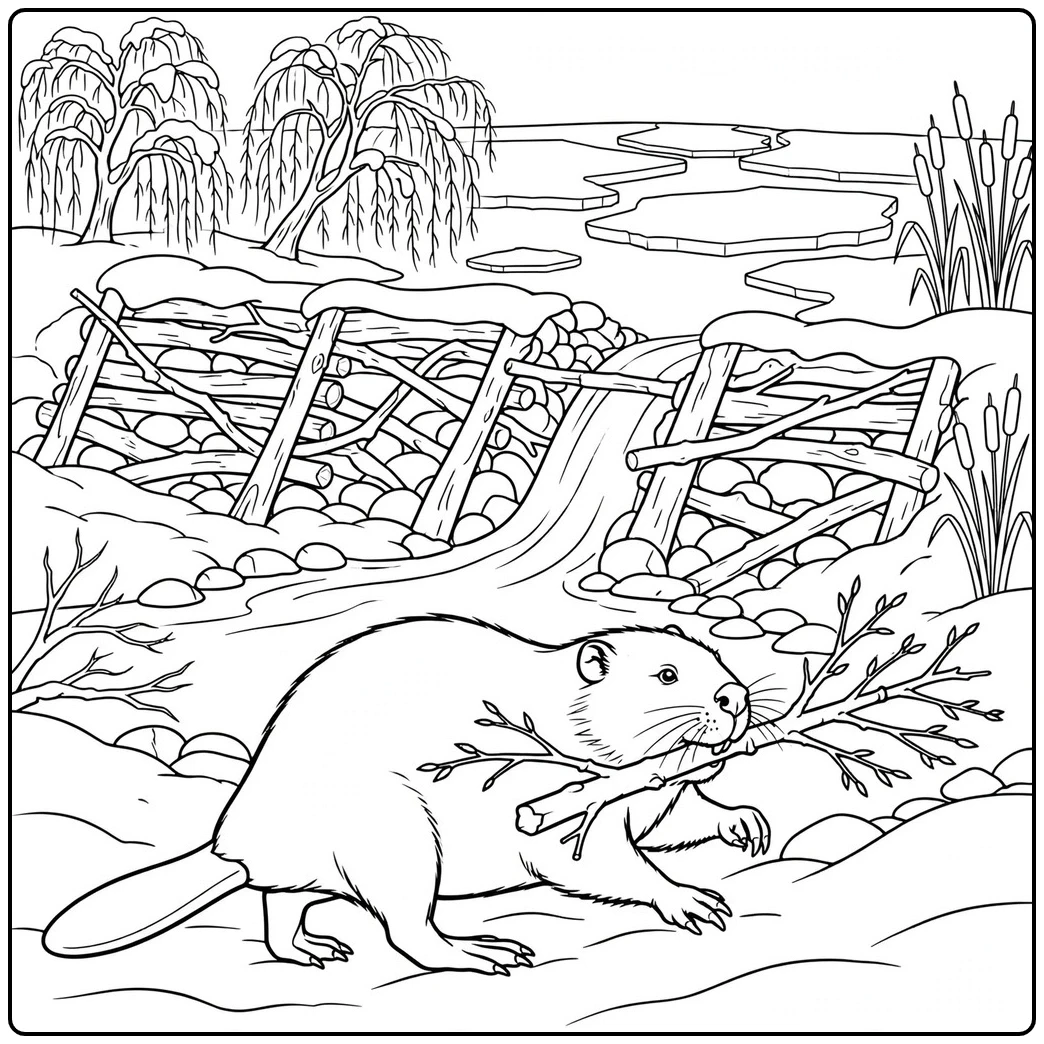 A beaver carries a leafy branch past a snow-covered dam and a partly frozen pond.