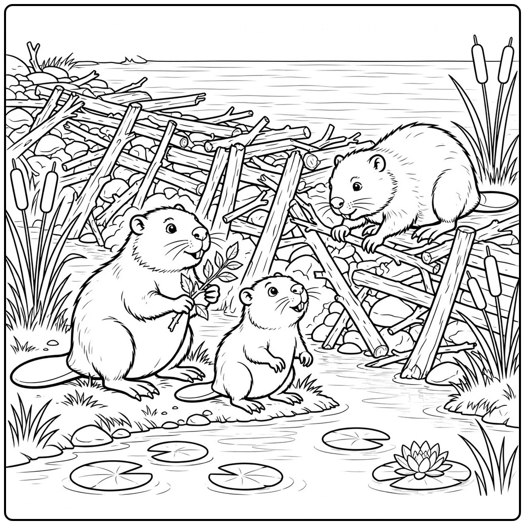 A beaver dam coloring page features two adults and a kit beside a large branch-built dam.