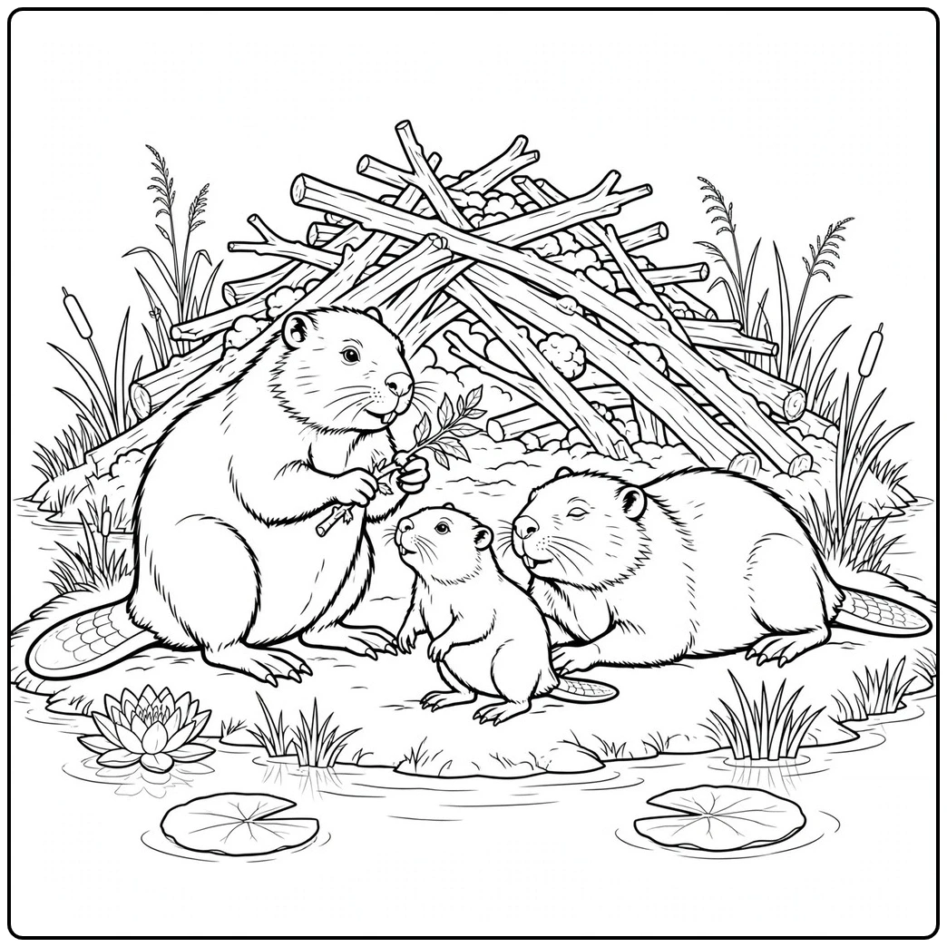 A beaver family rests beside a lodge in this realistic beaver coloring page.
