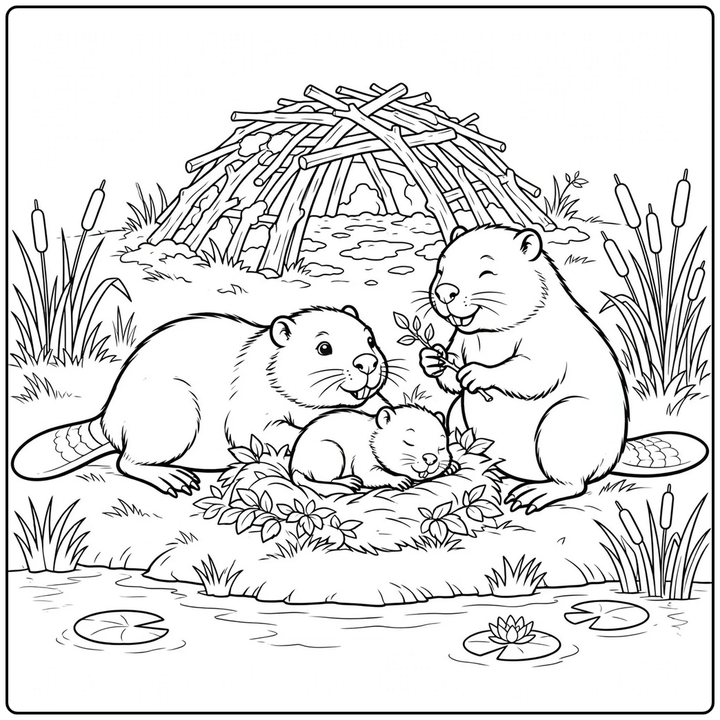 Two adult beavers watch a sleeping kit beside their lodge in this baby beaver coloring page.