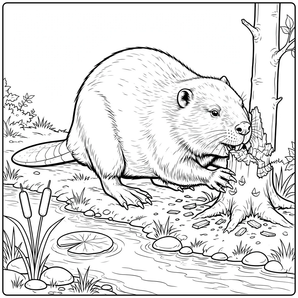 A beaver gnaws a tree trunk beside a stream, with wood chips scattered near its paws.