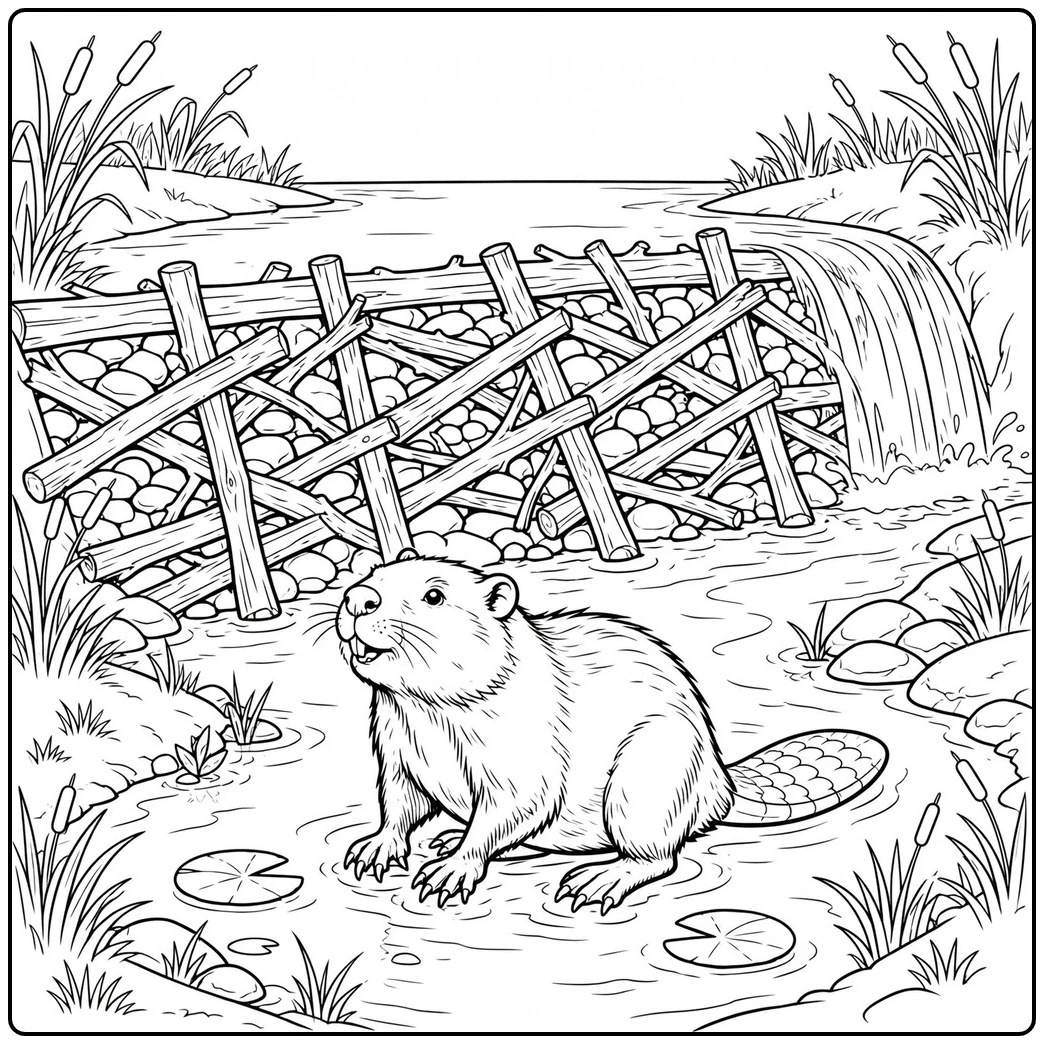 A single beaver stands in shallow water below a wooden dam with a small waterfall.
