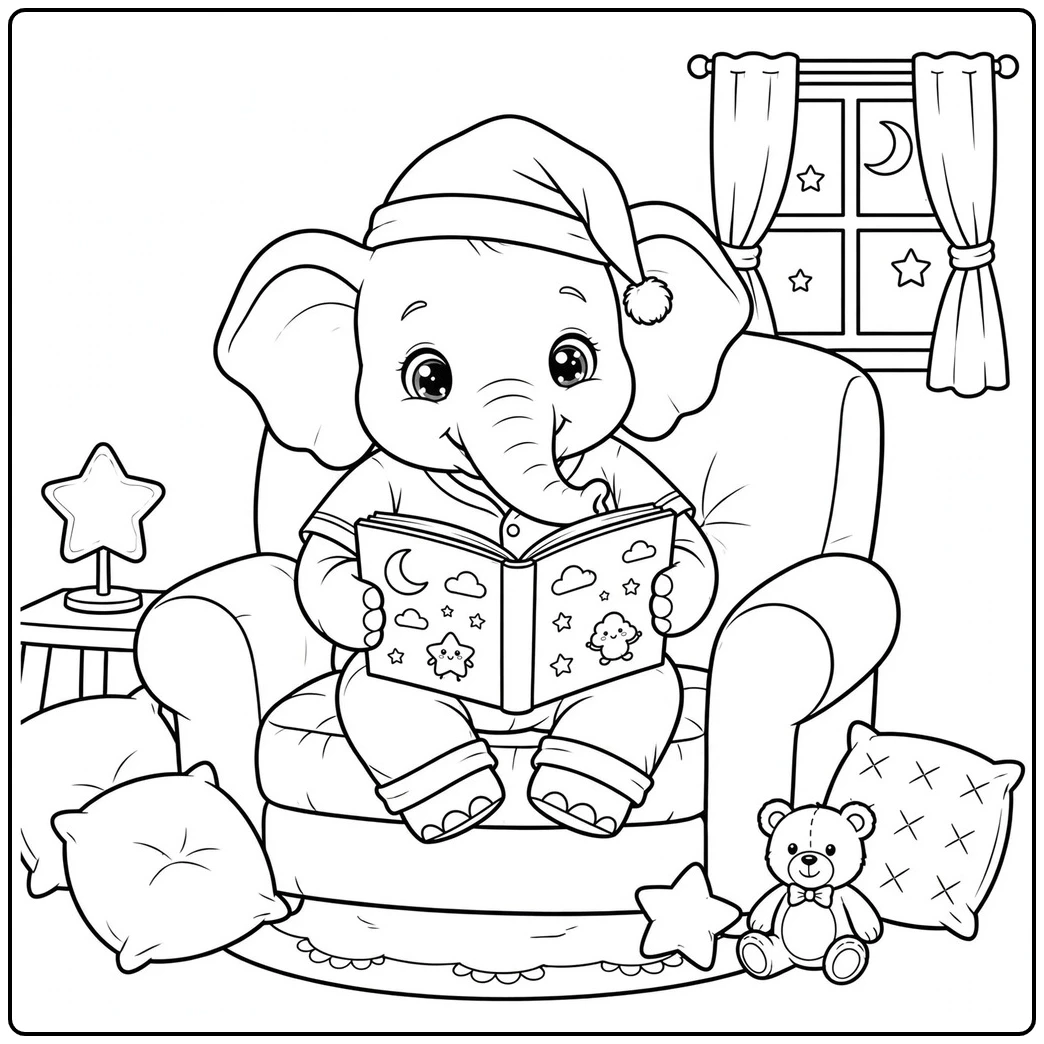 Bedtime reading scene with a cute elephant coloring page and starry storybook