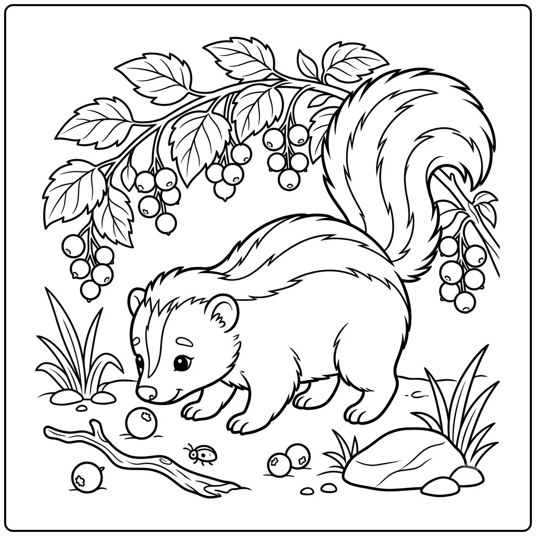 Striped skunk forages beneath berry branches with a ladybug and fallen fruit
