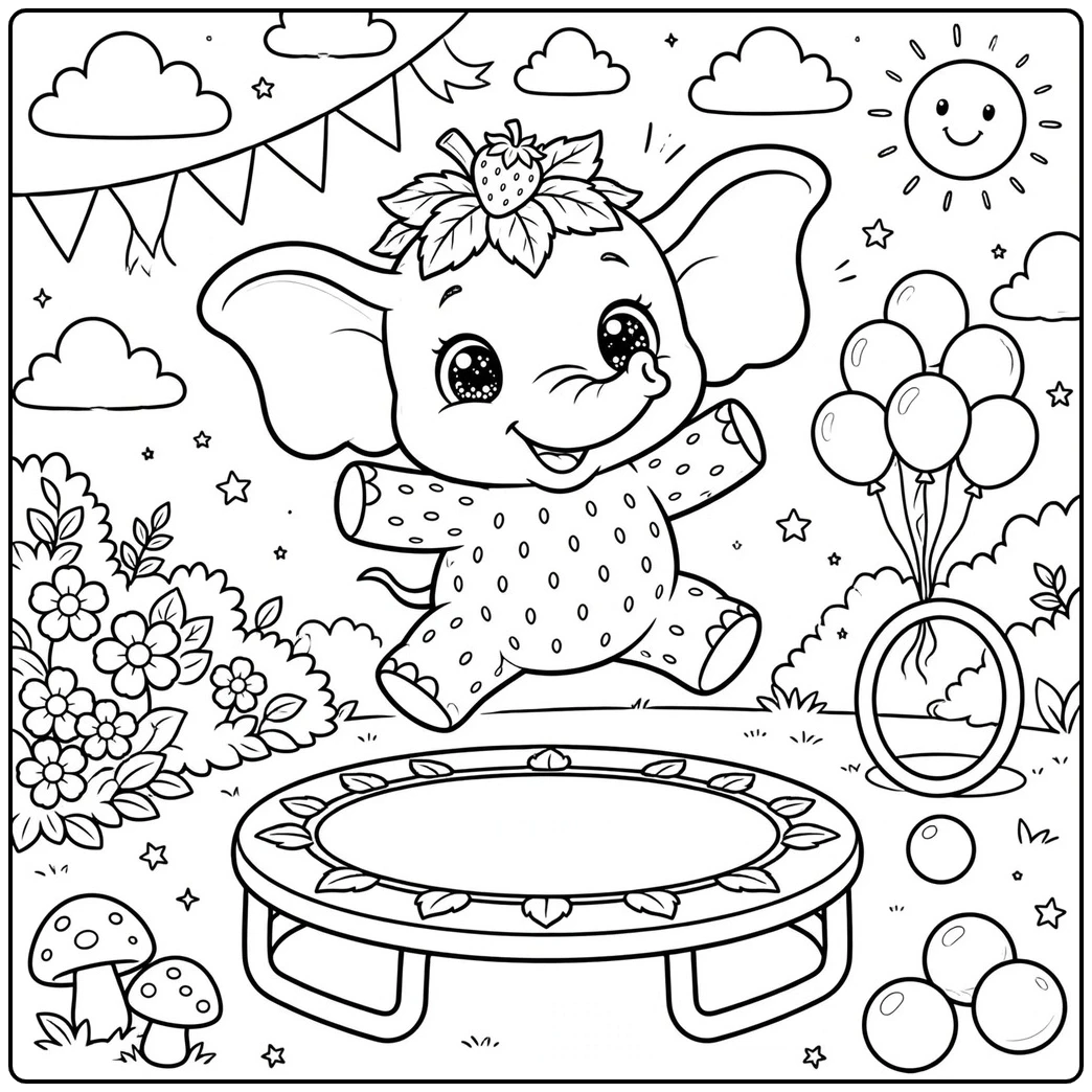 A bright-eyed elephant leaps over the trampoline in a garden filled with balloons and flowers.