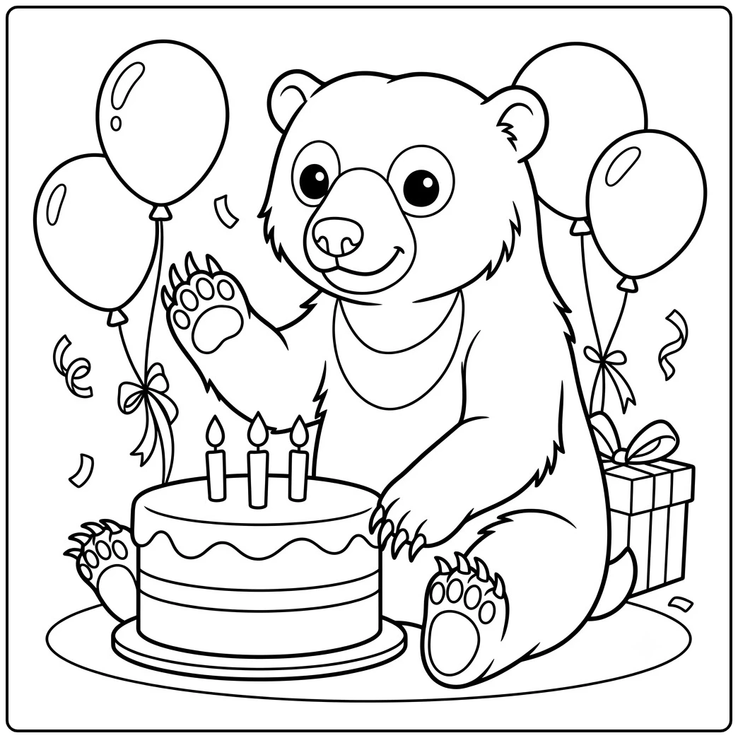 Bear celebrating with a birthday cake, balloons, gifts, and raised paw