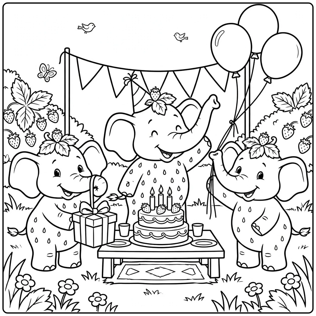 Three friends celebrate with cake, gifts, and balloons in a Strawberry Elephant birthday party