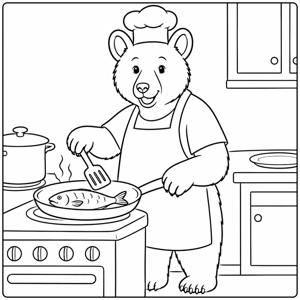 Black bear chef fries a fish at the stove while wearing an apron and chef hat