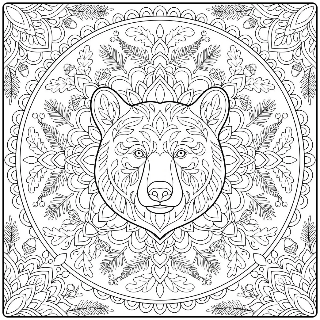 Symmetrical bear face framed by oak leaves, acorns, pine sprigs, and mandala patterns