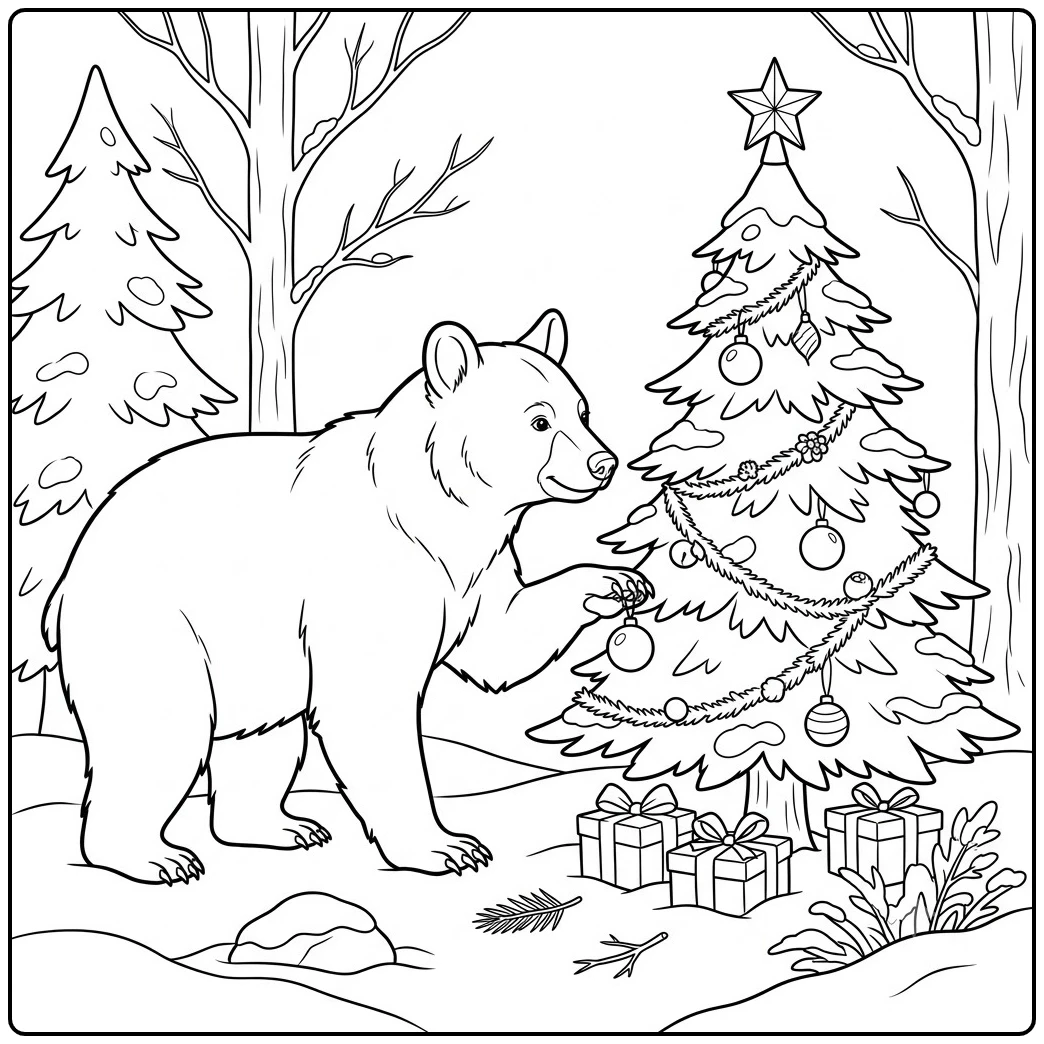 Playful black bear coloring page beside a decorated Christmas tree and gifts