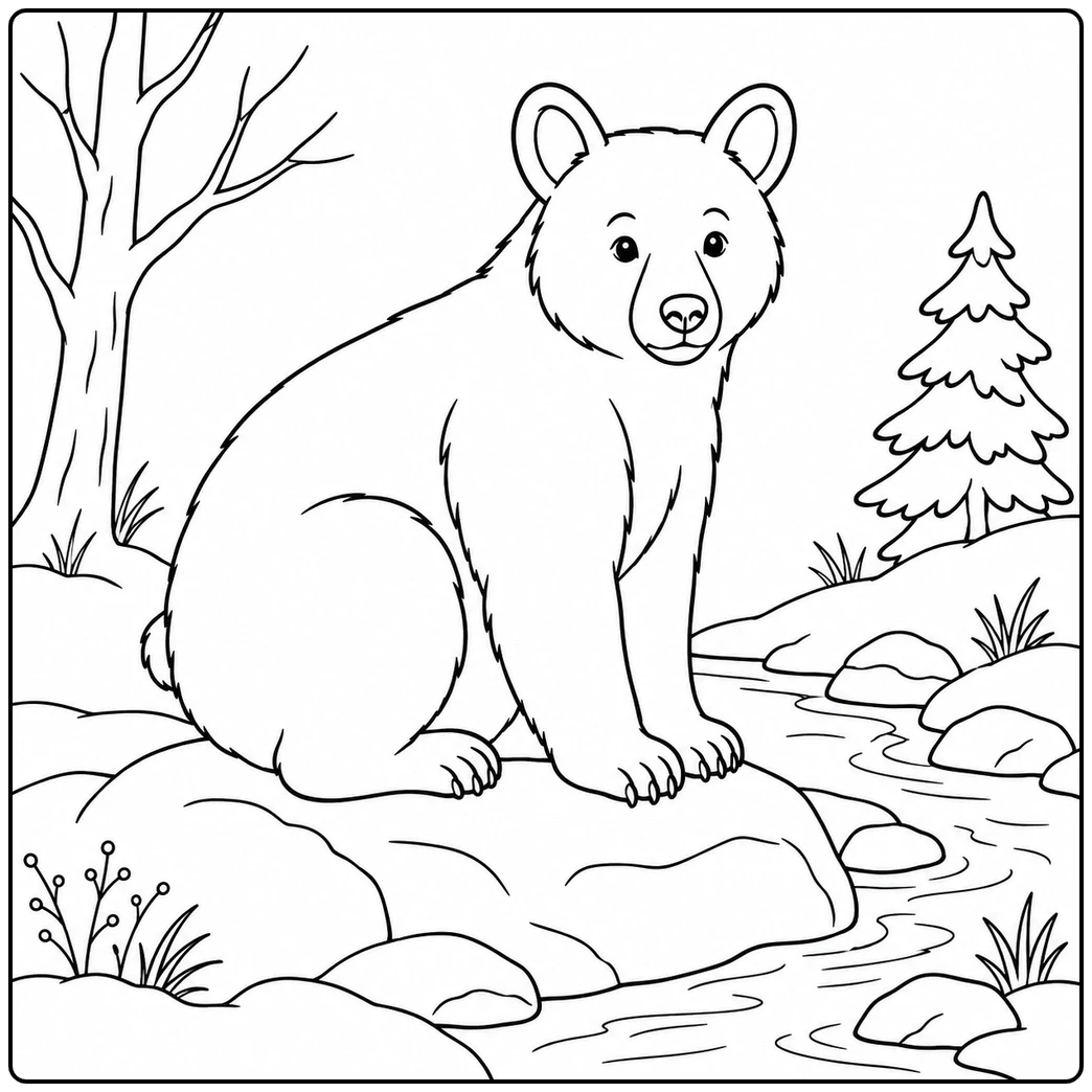 Winter black bear coloring page with a bear seated on a rock beside a stream