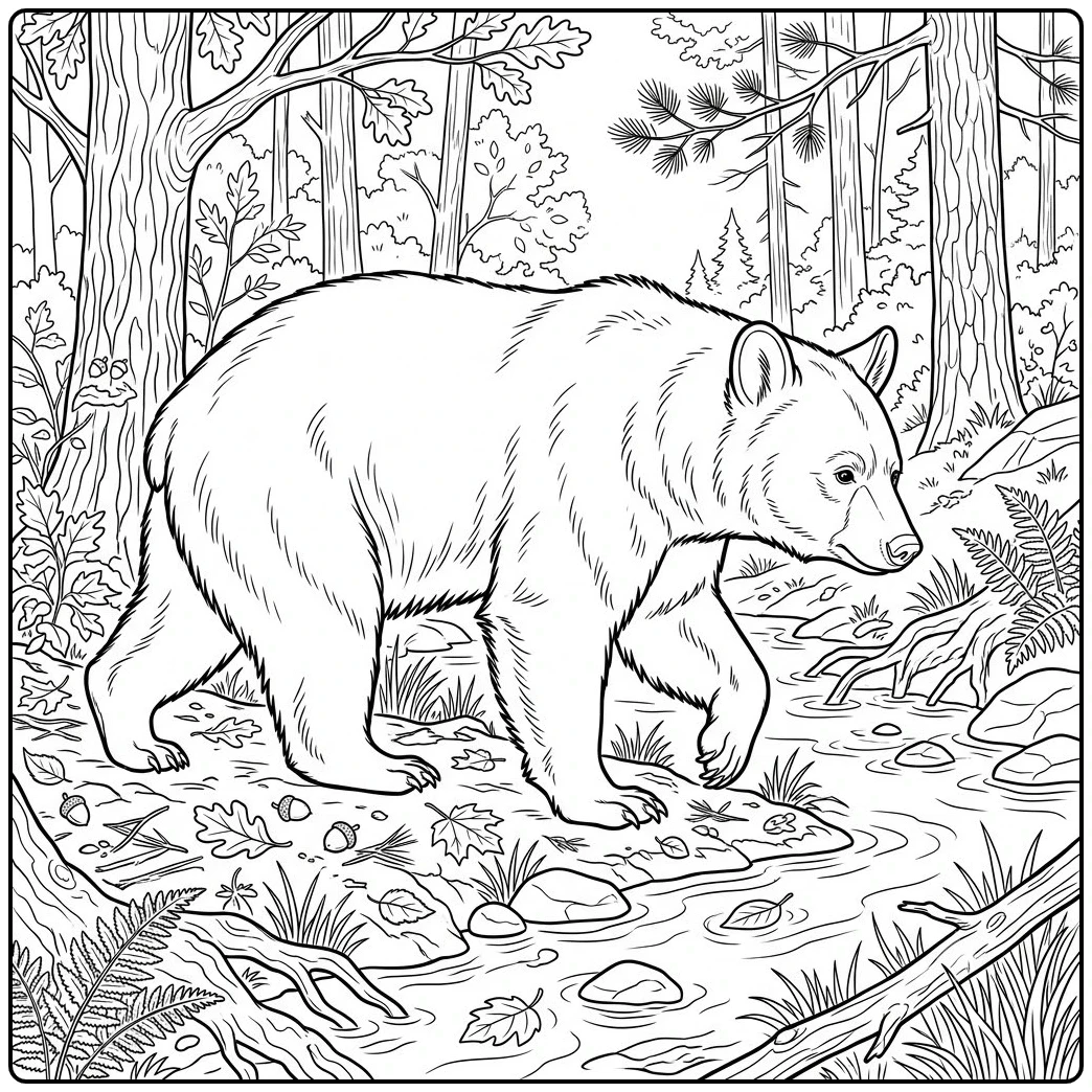 A black bear coloring page shows a bear walking beside an autumn woodland stream