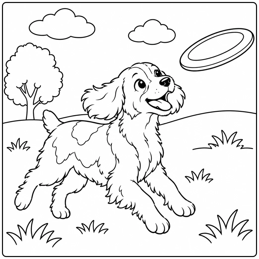 Running Brittany Spaniel coloring page chasing a large frisbee across an open grassy field