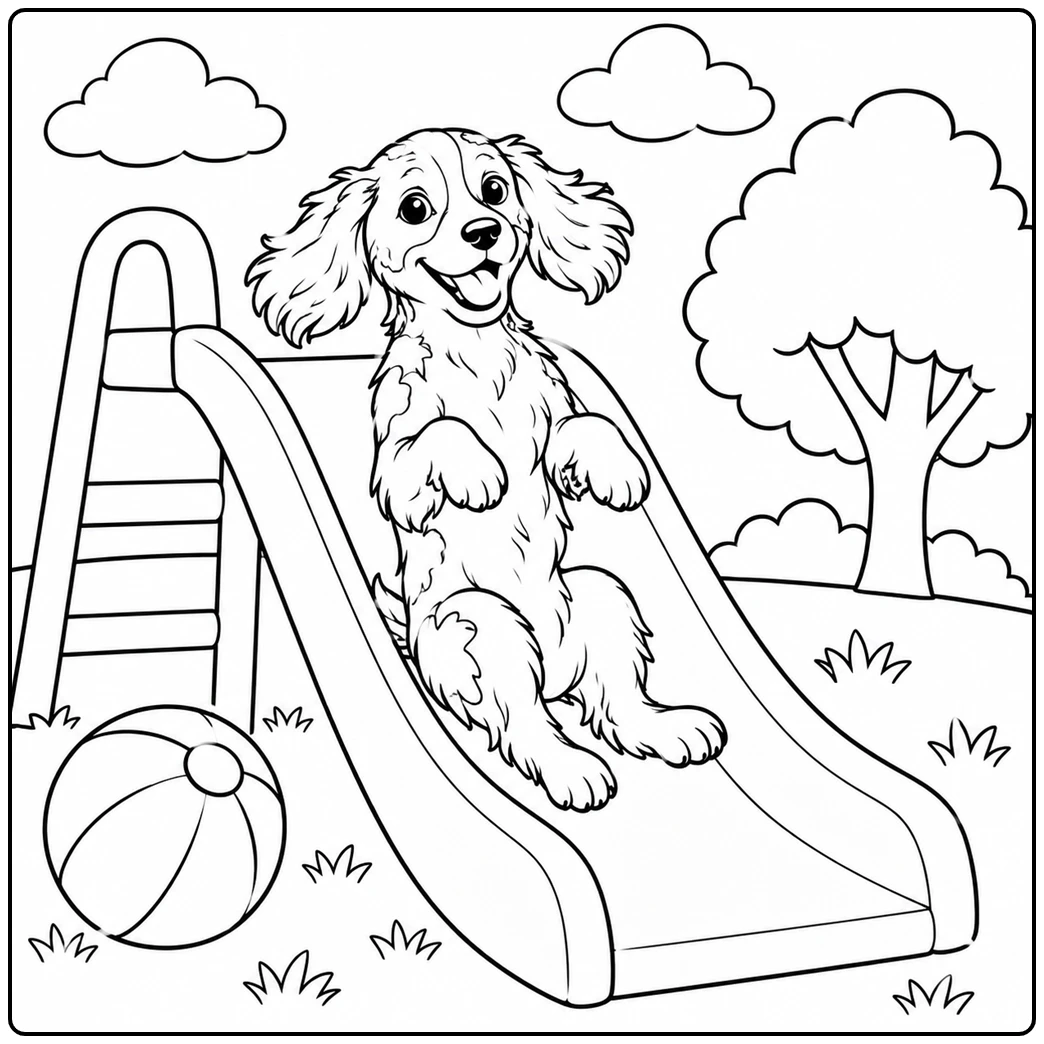 Brittany Spaniel slides down a playground slide beside a beach ball and leafy tree